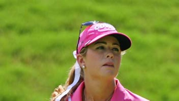 Paula Creamer reacts after missing her birdie putt on the eighth hole.