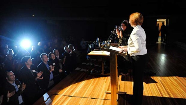 Prime Minister Julia Gillard is welcomed on stage by the Labour faithful at the recent State Labour Party conference.
