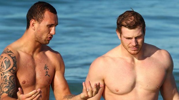 Returning men ... Quade Cooper and David Pocock during an Wallabies recovery session at Coogee last week.