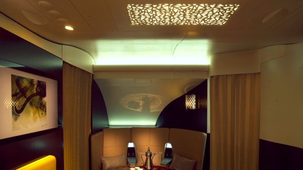 Etihad’s A380 lounge is inspired by the Arabian concept of the Majlis, a space where guests are met and entertained.