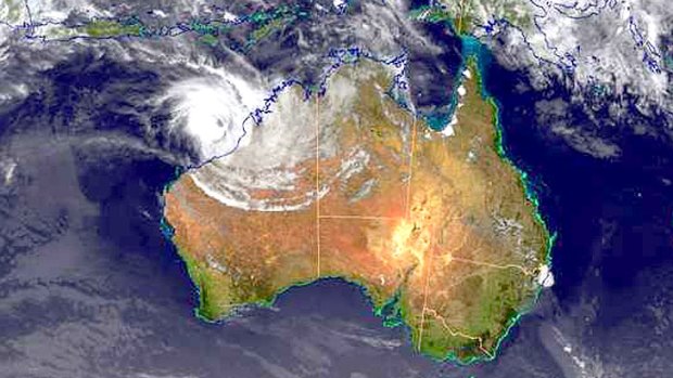 Satellite image from Sunday 29 December shows a large area of embedded thunderstorms over the Kimberley, associated with Tropical Cyclone Christine.