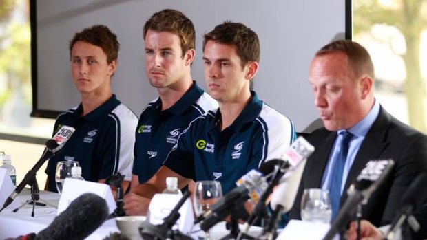 Confession time: swimmers front the media to admit to their behaviours in London - bringing the swim team into disrepute. James Magnussen, Cameron McEvoy and Eamon Sullivan admit to taking Stilnox tablets in February.