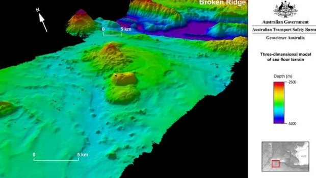An image obtained from Geoscience Australia  shows the MH370 search area encompassing the seabed on and around Broken Ridge, an extensive linear, mountainous sea floor structure that once formed the margin between two geological plates.