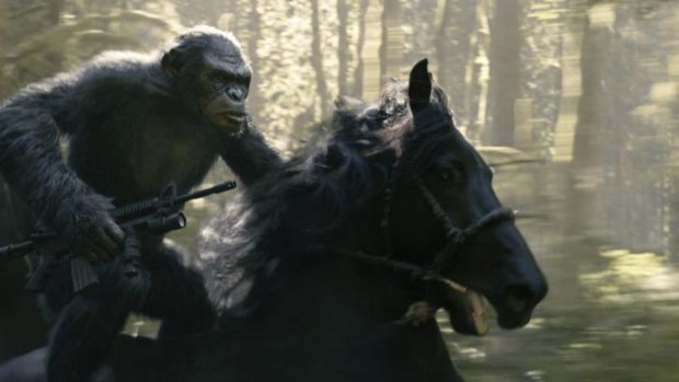 An ape on the attack in <i>Dawn of the Planet of the Apes</i>. 