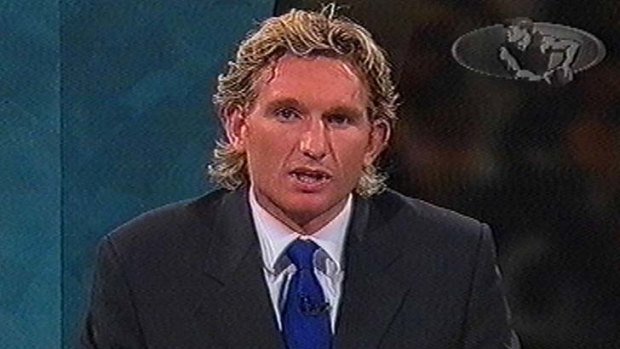 Essendon captain James Hird appears on The Footy Show to read an apology to umpire Scott McLaren. He was fined $25,000 by the AFL for his earlier criticisms of McLaren. The Age . NEWS . pic courtesy of Channel Nine . APRIL 15, 2004 .