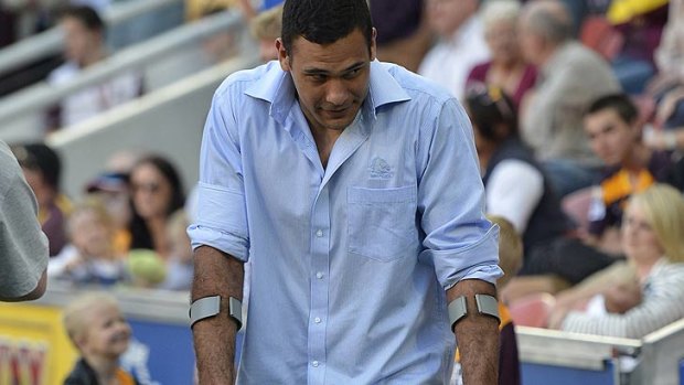 Broncos centre Justin Hodges, back on crutches on Sunday afternoon.