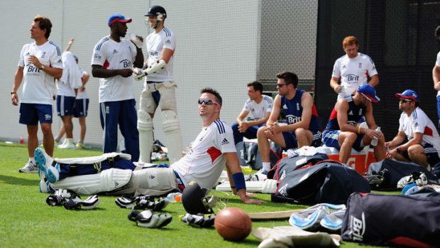 Kevin Pietersen relaxes with teammates after netting during an England nets session at The Gabba.
