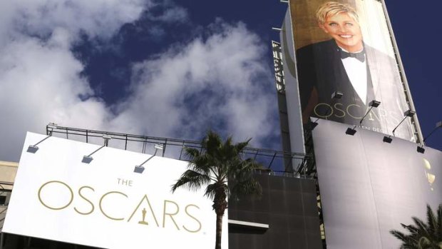 Getting ready ... comedian Ellen DeGeneres' billboard is raised above the Oscars red carpet at the Dolby Theater in Hollywood.