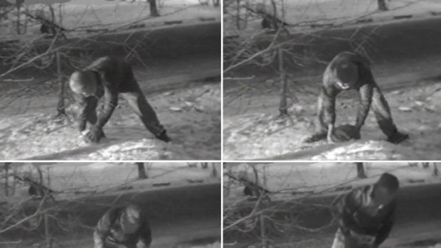 These images from Russian state television purportedly show a member of the British embassy in Moscow removing the 'spy rock' from a park on the outskirts of the Russian capital.