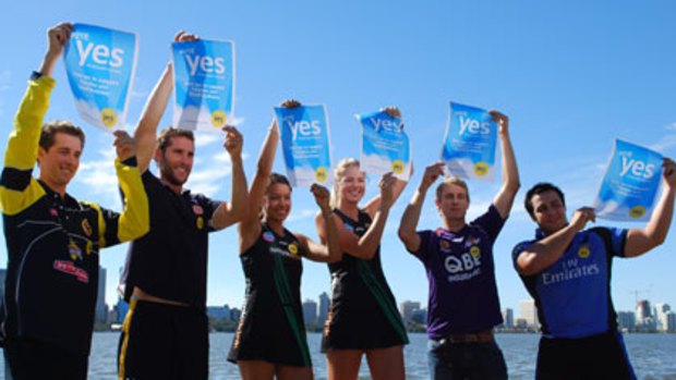 Sport stars line up for the daylight saving Yes campaign: (from left) Josh Mangan (Warriors), Darren Glass (West Coast Eagles), Bianca Franklin and Caitlin Bassett (West Coast Fever), Jamie Coyne (Perth Glory) and Kieran Longbottom (Western Force).