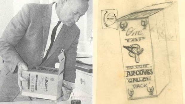 Bill Marshall, former employee at Angove's, pouring from an early wine cask. (R) A sketch of the early cask.