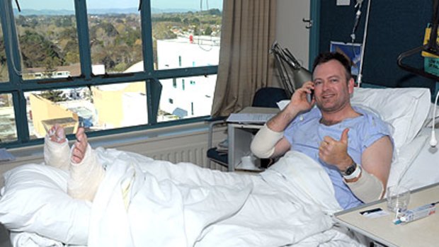Colin Lightbody, who fell 200 metres from Mount Ruapehu, pictured in hospital in New Zealand.