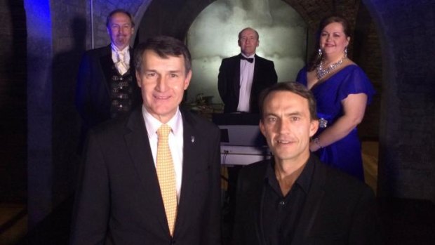Lord Mayor Graham Quirk with Underground Opera Company director Bruce Edwards. Performers Glenn Lorimer, John Woods and Dominique Fegan are in the background.