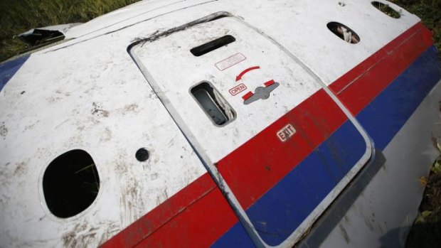 A piece of the wreckage is seen at a crash site of the Malaysia Airlines Flight MH17 near the village of Petropavlivka.