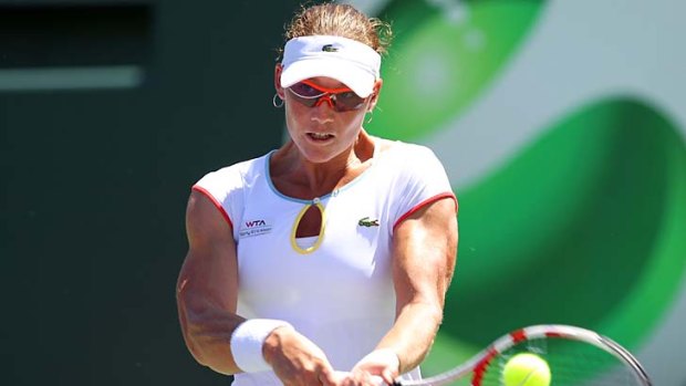 Samantha Stosur in action against Jie Zheng during the Sony Ericsson Open in Key Biscayne, Florida.