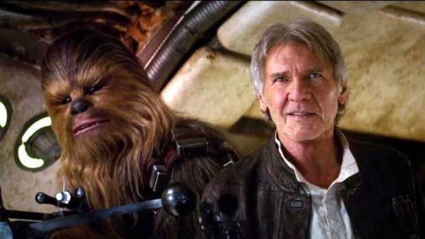 'Chewie, we're home!' ... Harrison Ford returns as the fast-talking Han Solo with co-pilot and friend, wookie Chewbacca. They are joined by Luke Skywalker (Mark Hamill), Princess Leia (Carrie Fisher) and R2-D2 in <i>Star Wars: The Force Awakens</i>.