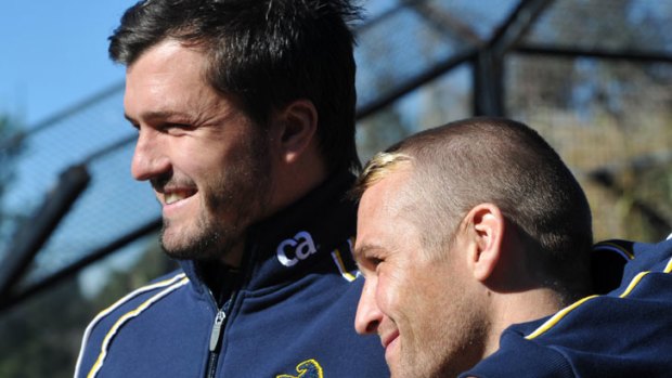 Before the parting ... Matt Giteau and his Brumbies teammate and ‘‘hairdresser’’, Adam Ashley-Cooper.