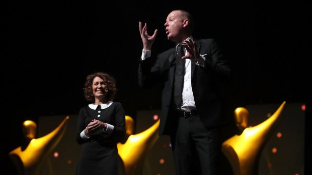 Awkward: Tom Gleeson hosting the 6th AACTA Craft Awards, with Kitty Flanagan, in Sydney