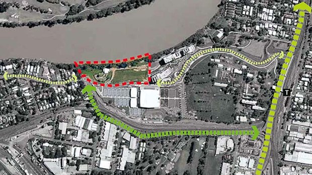 A red outline shows the stretch of riverside land which Brisbane City Council will buy for $12 million.
