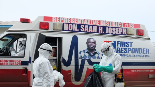 One of Saah Joseph's ambulances sits outside a hospital in Monrovia, Liberia.