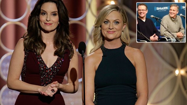 Pranked ... Tina Fey and Amy Poehler had a few choice words to say about George Clooney and Matt Damon (inset) at the Golden Globes but that wasn't the end of it.