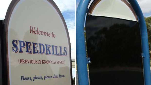The Speedkills sign (left) before it was stolen.