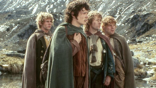 Dominic Monaghan as Merry, Elijah Wood as Frodo, Billy Boyd as Pippin and Sean Astin as Sam in a scene from The Lord of the Rings.