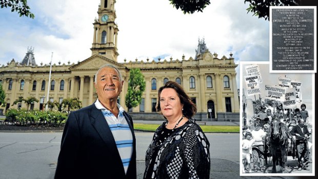 Reg Macey and daughter Leah at the South Melbourne Town Hall (main) and (insets) an Emerald Hill commemorative plaque and a protest from local children and the bottle-o's horse and cart.
