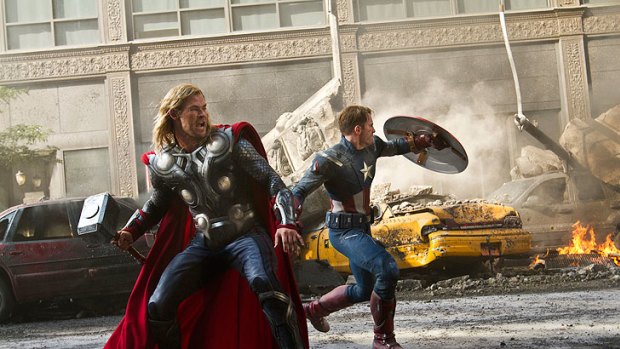 Chris Hemsworth as Thor and Chris Evans as Captain America.