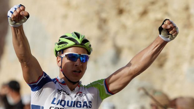 Slovakian cyclist Peter Sagan of the Liquigas team celebrates after winning the second stage of Tour of Oman.