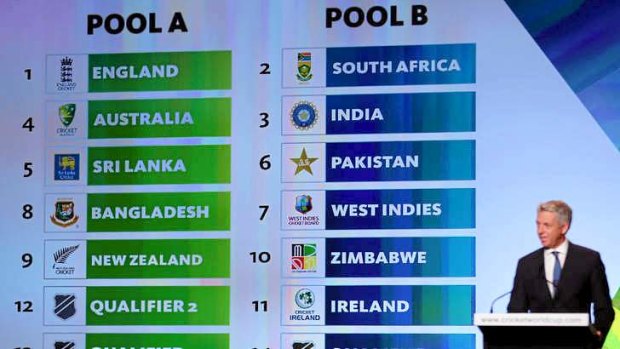 CEO of the International Cricket Council, Dave Richardson, announces the pools for the 2015 World Cup.