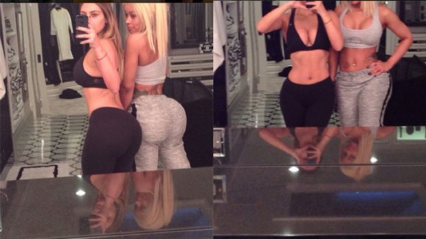 Doctored selfies ... Either Kimye have shifting, wonky doors, or Kim Kardashian Photoshops her selfies.