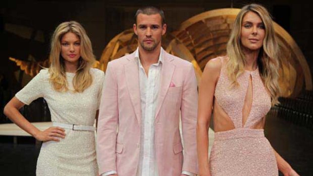 Jennifer Hawkins, Jayson Brunsdon and Jessica Hart rejearse for the Myer Discover Summer 2010 fashion show.