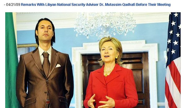 Mutassim Gaddafi poses with US Secretary of State Hilary Clinton in a publicity picture posted on the US Department of State website.