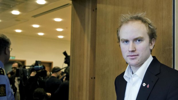 Bjoern Ihler, who survived the Utoeya massacre, enters the court before mass killer Anders Behring Breivik's appearance.
