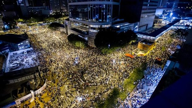 Protesters gather outside the government offices of chief executive Leung Chun-ying in Hong Kong.