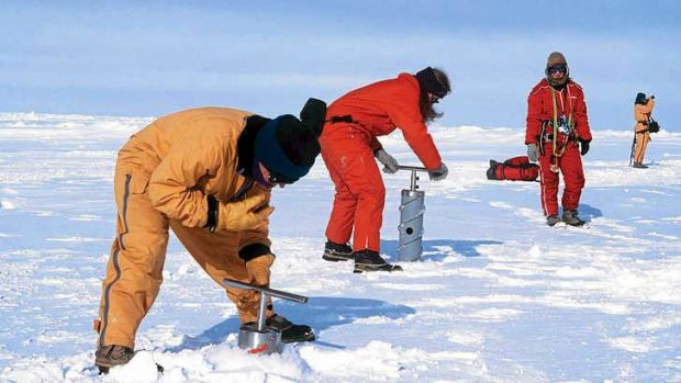 Scientists drilling ice cores in Antarctica.