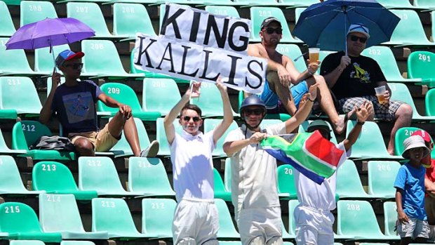 A South African supporter holds up a placard on the final day, paying tribute to Jacques Kallis.