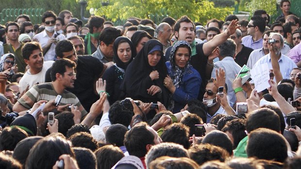 Faezeh Rafsanjani, daughter of former Iranian president Akbar Hashemi Rafsanjani,  at an opposition rally in Tehran last week.