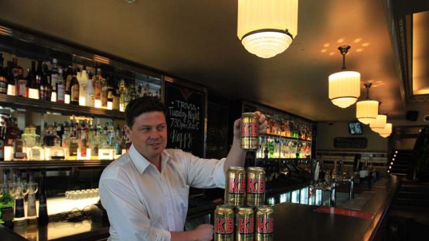 Striking gold ... publican Brenden Lawless with his last remaining cans of KB Lager. ''I was begging the man from CUB, 'Please don't cut us off.' "