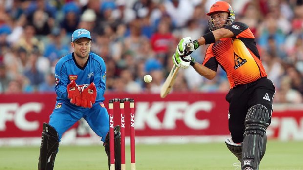 Herschelle Gibbs of Perth bats during the Big Bash League match between the Adelaide Strikers and the Perth Scorchers at Adelaide Oval.