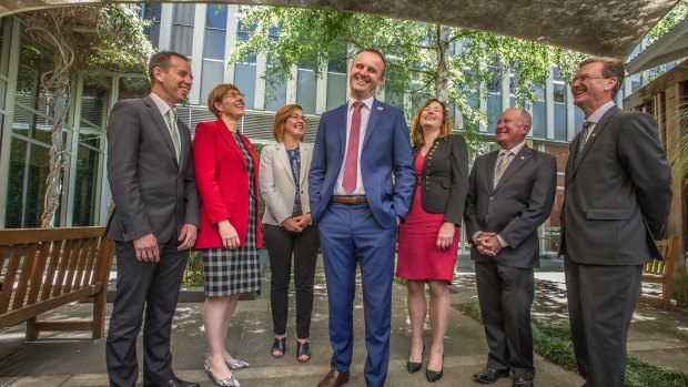 Chief Minister Andrew Barr announces his ministry, from left, Shane Rattenbury, Rachel Stephen-Smith, Meegan Fitzharris, Andrew Barr, Yvette Berry, Mick Gentleman and Gordon Ramsay.