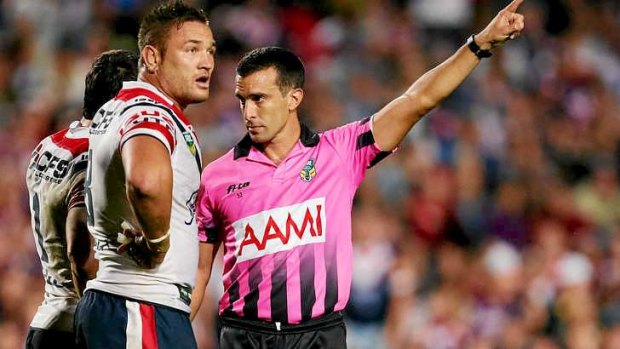 Jared Waerea-Hargreaves of the Roosters is sent off by referee Matt Cecchin.