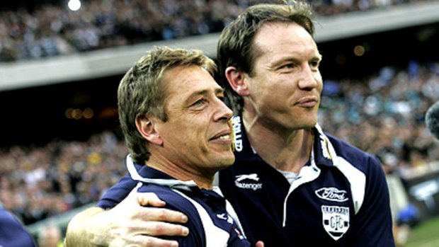 Geelong assistant Brenton Sanderson, pictured with Cats coach Mark Thompson, is among the leading candidates for the Port Adelaide senior coaching job.