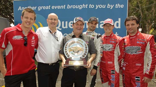 Tribute: drivers unveil the Dan Wheldon Memorial Trophy at the Gold Coast.