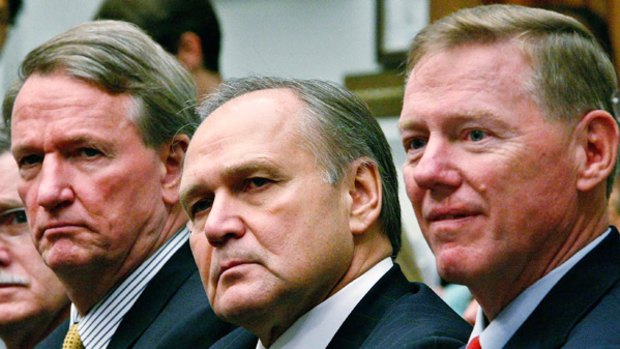 General Motors chairman and CEO Richard Wagoner (left), his Chrysler counterpart Robert Nardelli and Ford CEO and president Alan Mulally prepare for their grilling.