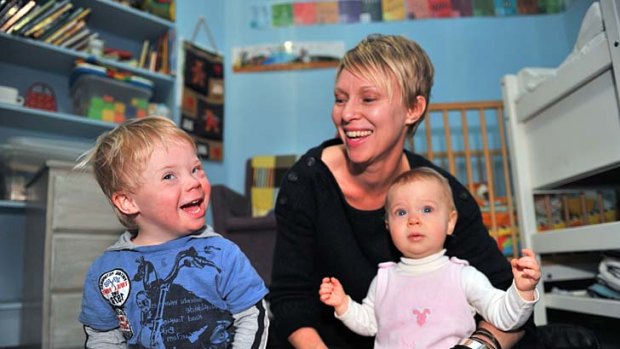 Abigail Elliott and her son (3 year old) Willem Baber and daughter Imogen Baber (10 months), Abigail is the carer for Willem who has Downs Syndrome.