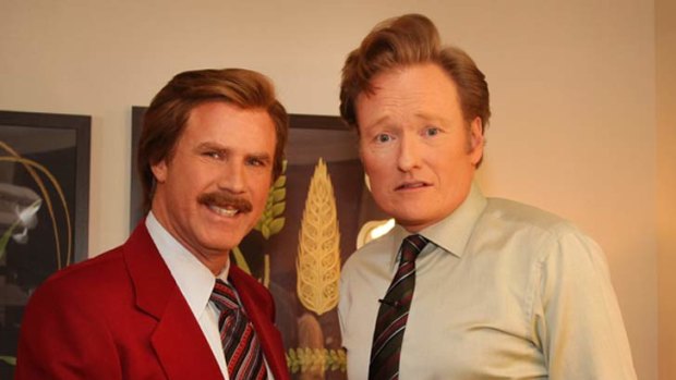 "What's Ron Burgundy doing here?" ... Ron Burgundy with Conan O'Brien after the Anchorman sequel announcement.