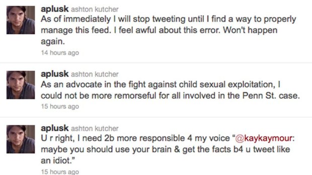 A selection of Ashton Kutcher's tweets published after he removed his earlier remark defending Paterno.