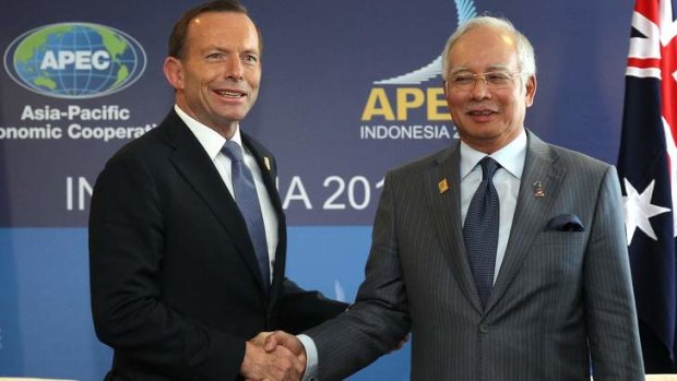 Prime Minister Tony Abbott meets with Malaysian Prime Minister Najib Razak in Bali.